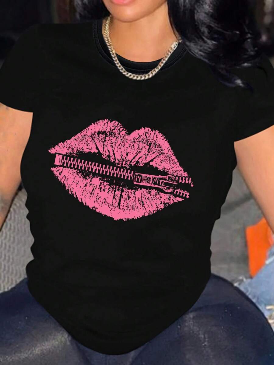 Elegant Fashionable Casual T-Shirt For Women With Lip Print Design And Zipper Closure, Casual Clothing For Ladies - Vintage Urban Style, Unisex, Cotton, Short Sleeve, Round Neck And Loose Fit. - 黑色 - 查看 1