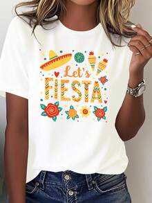 Women's Mexican Carnival T-Shirt - 100% Soft And Breathable In Turquoise Blue, With A Wide-Brimmed Hat And Maracas Print. Let's Celebrate Together With Salsa Dance Attire. Mexican-Themed Casual Wear, Suitable For Cinco De Mayo And Everyday Use. Easy To Machine Wash. Festive Design With A Colorful Wide-Brimmed Hat And Chili Print. Loose Fit Suitable For Warm Weather. Bright Colors And Cultural Style. Not See-Through. Suitable For All Seasons. Women's Blouses. - 白色 - 查看 1