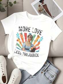 TrendyWomens Fashion T-Shirt With Graphic Print "More Love, Less Prejudice" Vintage Women's Rainbow Design, Casual Summer Top For Everyday Wear. - 白色 - 查看 4