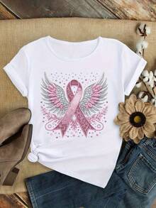 Cute Plus Size Women's Clothing With Ribbon Wing Print, Elegant Party Fashion, Loose Fit, Gift, Soft, Machine Washable, Stretchy, Round Neck Short Sleeve Sports Top - 白色 - 查看 1