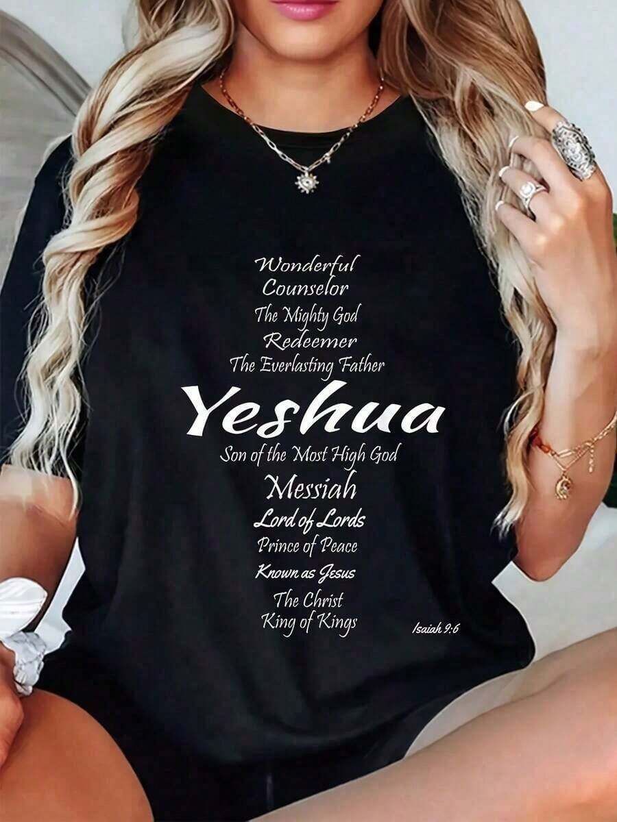 100% Cotton. One-Piece Inspirational T-Shirt With Christian Graphics Depicting Jesus Christ - A Casual Black Short-Sleeve T-Shirt With A Geometric Scripture Design, Suitable For All Seasons, Machine Washable, Comfortable Pullover Style, Stylish H-Shaped Silhouette, 100% Cotton. Women's Simple Solid Color T-Shirt, Loose Fit, Casual Short Sleeve - 黑色 - 查看 1