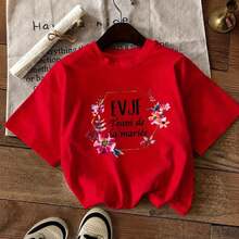 GiftWomen's EVJ Team De La Mariée Casual Round Neck T-Shirt With Floral Print - Green With Colorful Flowers, Short Sleeve, All Seasons Wear, Perfect For Weddings Or Casual Outfits, Soft - 紅色 - 查看 7