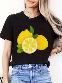 Women's Casual Crew Neck Sports T-Shirt, Ideal For Valentine's Day | Lemon Print, Modern And Versatile, Everyday Wear, Short Sleeve, Fashionable For All Seasons - 黑色 - 查看 6