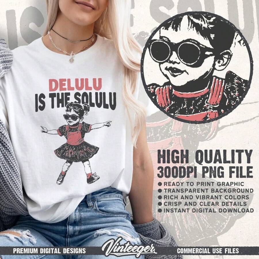 Delulu el solulu - Camiseta vintage con gráfico digital, diseño de chica en PNG, diseño humorístico para sublimación en PNG. - Blanco - Ver 1