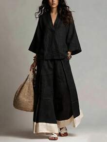 Women's Linen Set, V-Neck Short Sleeve Blouse + Wide Leg Pants, Multiple Colors Available, Spring/Summer Casual Wear - 黑色 - 查看 1