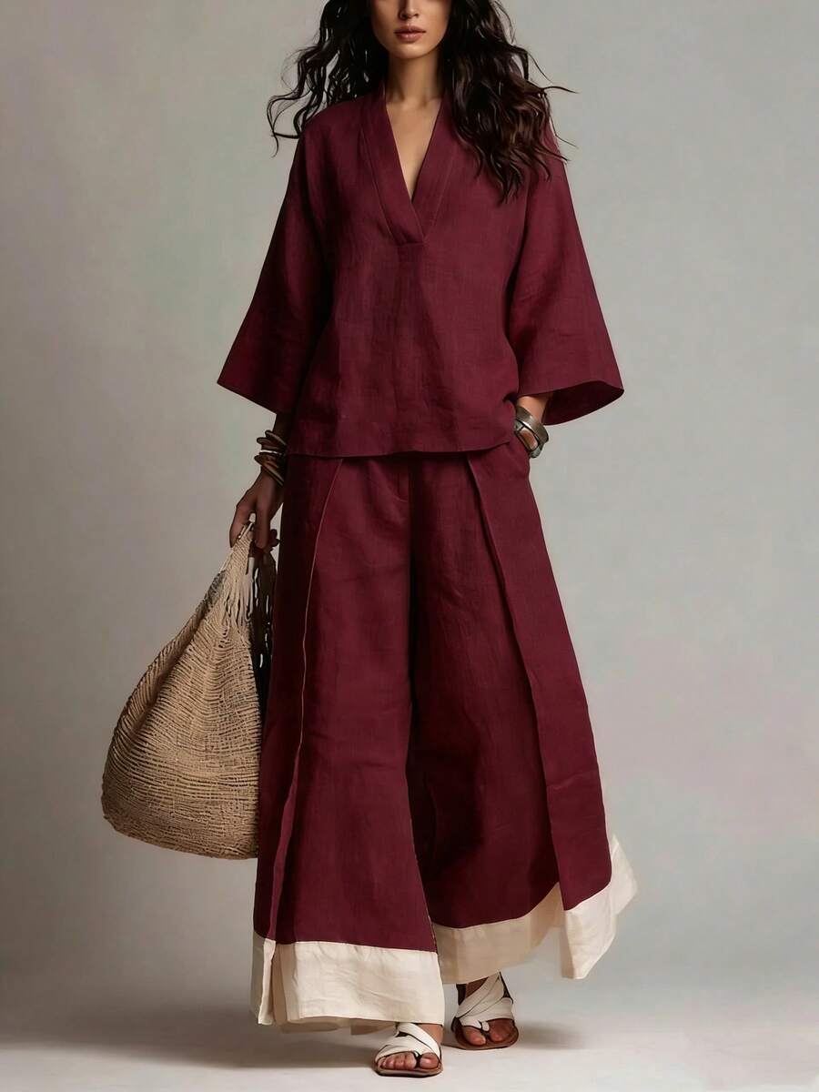 Women's Linen Set, V-Neck Short Sleeve Blouse + Wide Leg Pants, Multiple Colors Available, Spring/Summer Casual Wear - 酒紅色 - 查看 1