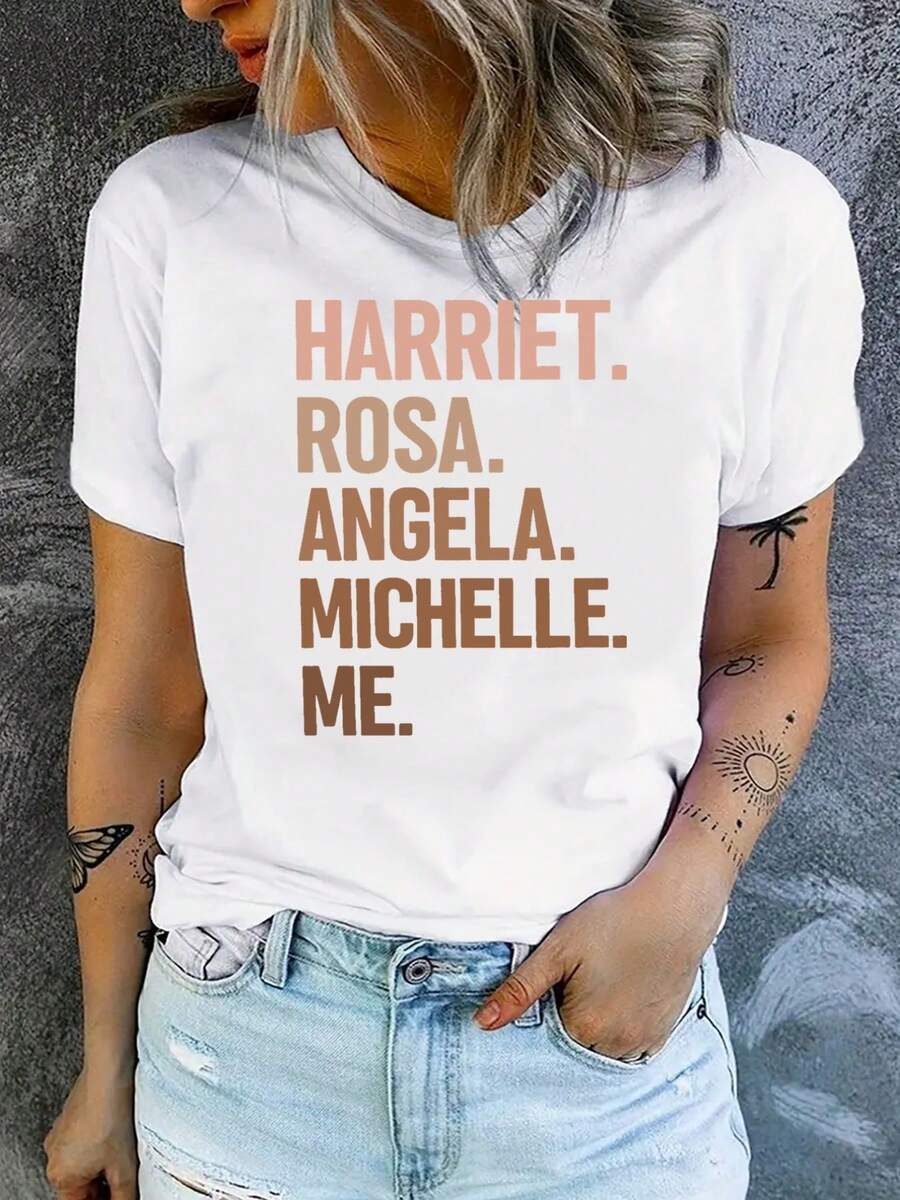 Harriet, Pink Print, Women's Casual Short Sleeve T-Shirt, Comfortable Fit, Sister Sets, Outdoor Travel Essential, Women's T-Shirt, Spring-Summer T-Shirt. - 白色 - 查看 1