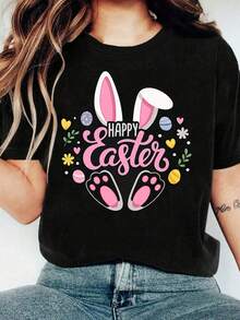Happy Easter, Easter Bunny Print, Women's Casual Short Sleeve T-Shirt, Comfortable Fit, Matching Sets For Sisters, Outdoor Travel Essential, Women's T-Shirt, Spring/Summer T-Shirt. - 白色 - 查看 6