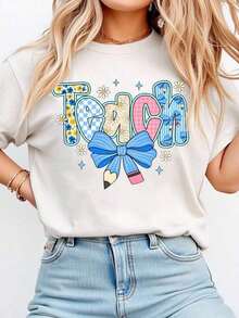 Soft 100% Cotton T-Shirt, Elegant Floral T-Shirts For Teachers, Blue Floral T-Shirt For Teachers, Elegant Blouses For Teachers, Plaid T-Shirts With Bow And Pencil For Teachers, Breathable Cotton T-Shirt, Goes With Everything. - 白色 - 查看 1