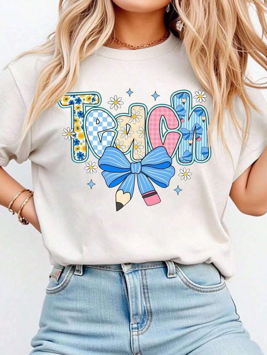Soft 100% Cotton T-Shirt, Elegant Floral T-Shirts For Teachers, Blue Floral T-Shirt For Teachers, Elegant Blouses For Teachers, Plaid T-Shirts With Bow And Pencil For Teachers, Breathable Cotton T-Shirt, Goes With Everything. - 白色 - 查看 1