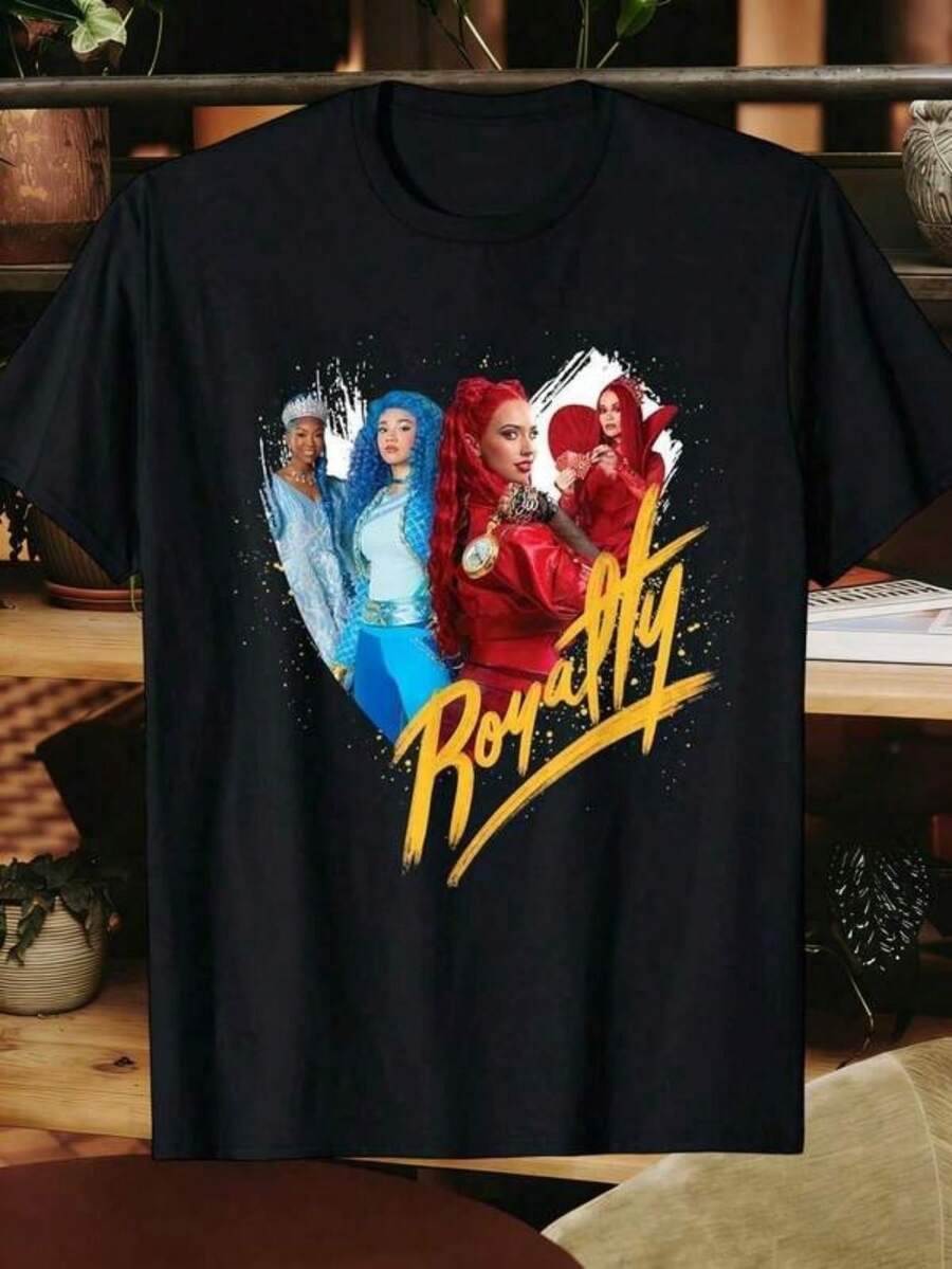 Women's Loose-Fitting T-Shirt, Casual Printed T-Shirt With The "Royal Heart With Four Elegant Women" Design, Suitable For All Seasons, Everyday Wear T-Shirt, Ideal Gift, Fashionable Choice. - 黑色 - 查看 1