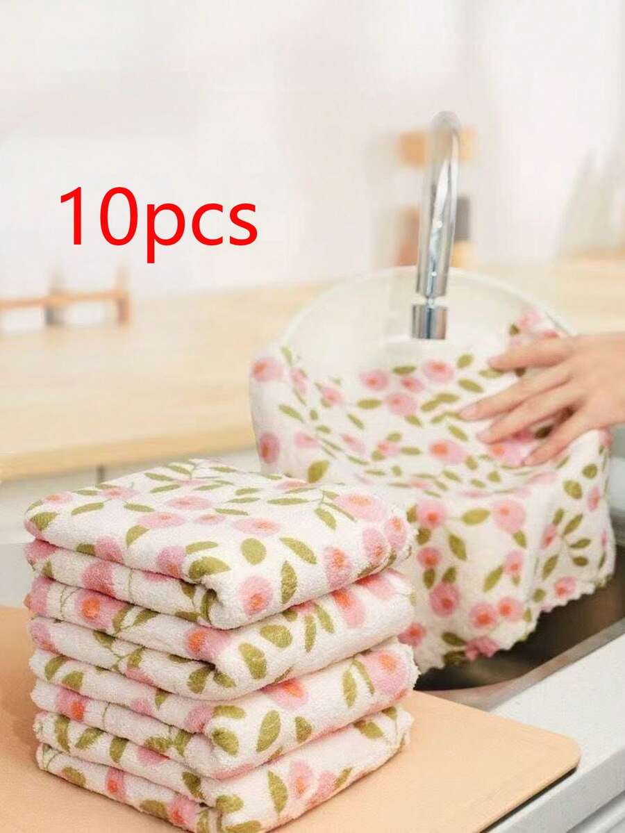 10pcs Coral Cleaning Cloths, High Absorbency Quick Dry Microfiber Wiping Cloths, Suitable For Bathroom, Car, Floral Square Country Style, Non-Shedding Soft, Holiday Cleaning Set, Brand K&A - Multicolor - View 1
