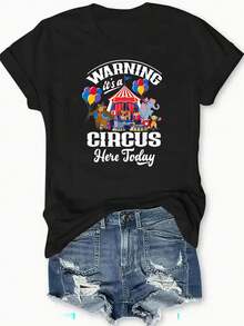 Women's Casual Top With A Circus-Themed Design, Made From Soft Fabric With A Round Neck And Slight Stretch. It's Sporty, Perfect For Outdoor Activities, Urban Style, And Current Fashion . Ideal For Warm Weather, Summer Casual Wear, Parties, Vacations, Playtime, Family Holidays, And Everyday Wear, And Makes A Great Gift. - 黑色 - 查看 7