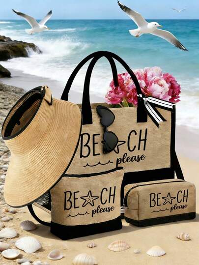 Bộ túi xách đi biển dành cho nữ với chữ "Beach" và họa tiết sao biển nghệ thuật, túi xách dung tích lớn đi kèm kính râm thời trang màu đen, mũ đi biển và hai túi đựng mỹ phẩm, túi mua sắm mini nhẹ có thể tái sử dụng, ví đựng tiền xu, túi đựng đồ đa năng cho kỳ nghỉ cuối tuần, công sở, hàng ngày, kỳ nghỉ hè ở biển.