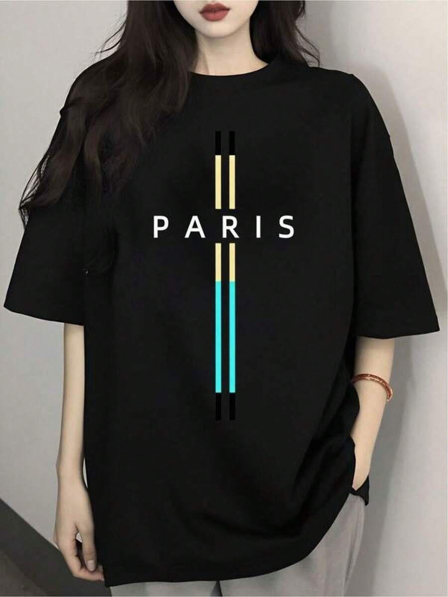 1 Piece Unisex Loose Fit T-Shirt 180g 100% Pure Cotton, Buy It Now T-Shirt Paris Urban Modern Print Comfortable Casual Fashion Unique Suitable For Any Occasion Size L Color 's Fashion Clothing 2023 Comfortable And Versatile For School, Work, Outings And Casual Events - 黑色 - 查看 1
