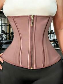 1pc Women Sports Latex Waist Trainer Zipper & Rows Hooks Sauna Sweat Belt For Weight Loss & Shaping - Purple - View 4