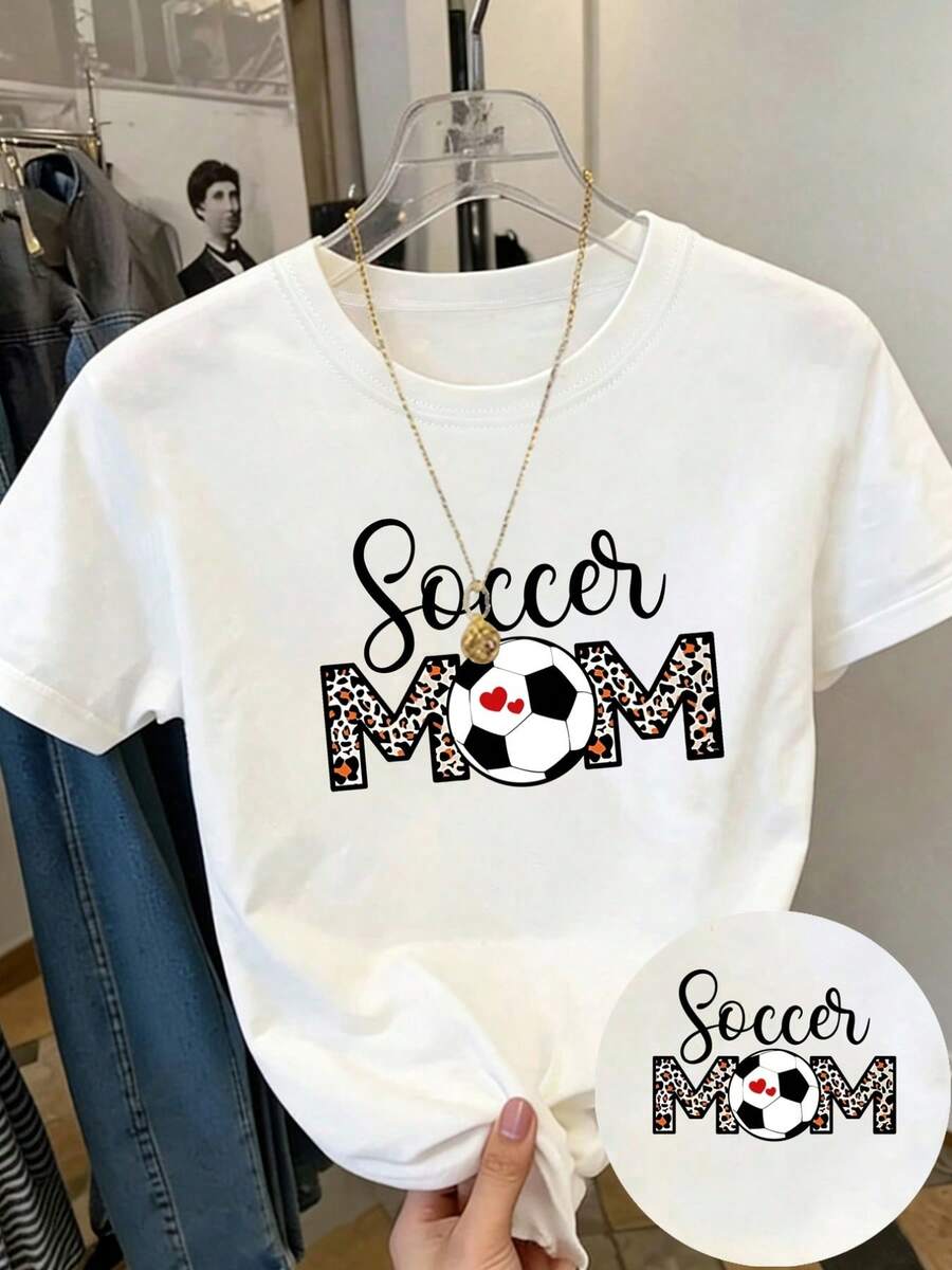 | Exquisite Design | Loose And Comfortable | Easy To Match | Short-Sleeved T-Shirt With Front Print - Soccer Mom, Soccer - Fashionable Printed T-Shirt For Women, Spring/Summer, Item, Versatile And Casual. - 白色 - 查看 1