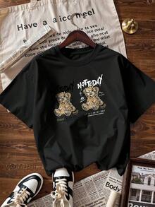 Money Bear T-Shirt With "NOT TODAY" Text, Fashionable Short-Sleeved T-Shirt For Spring And Summer 2026, Made In Mexico, 180 Grams. Cartoon Print, Couple Design, Suitable For Indoor Or Outdoor Wear. Crew Neck, Unisex, Ideal For Office And Leisure. One-Pack. - BK-P631577SLNDXZGY579 - 查看 4