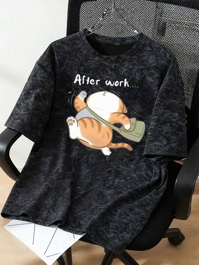 大尺碼女款休閒趣味貓咪印花圓領水洗T恤，袖口印花短袖黑色夏季款