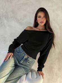 Blusa Asimétrica de Hombro de Manga Larga de 95% Algodón Tejido, Blusa Versátil Negra, Armario de Otoño; Simple, Elegante; Cómoda, Chic. - Negro 2 - Ver 7