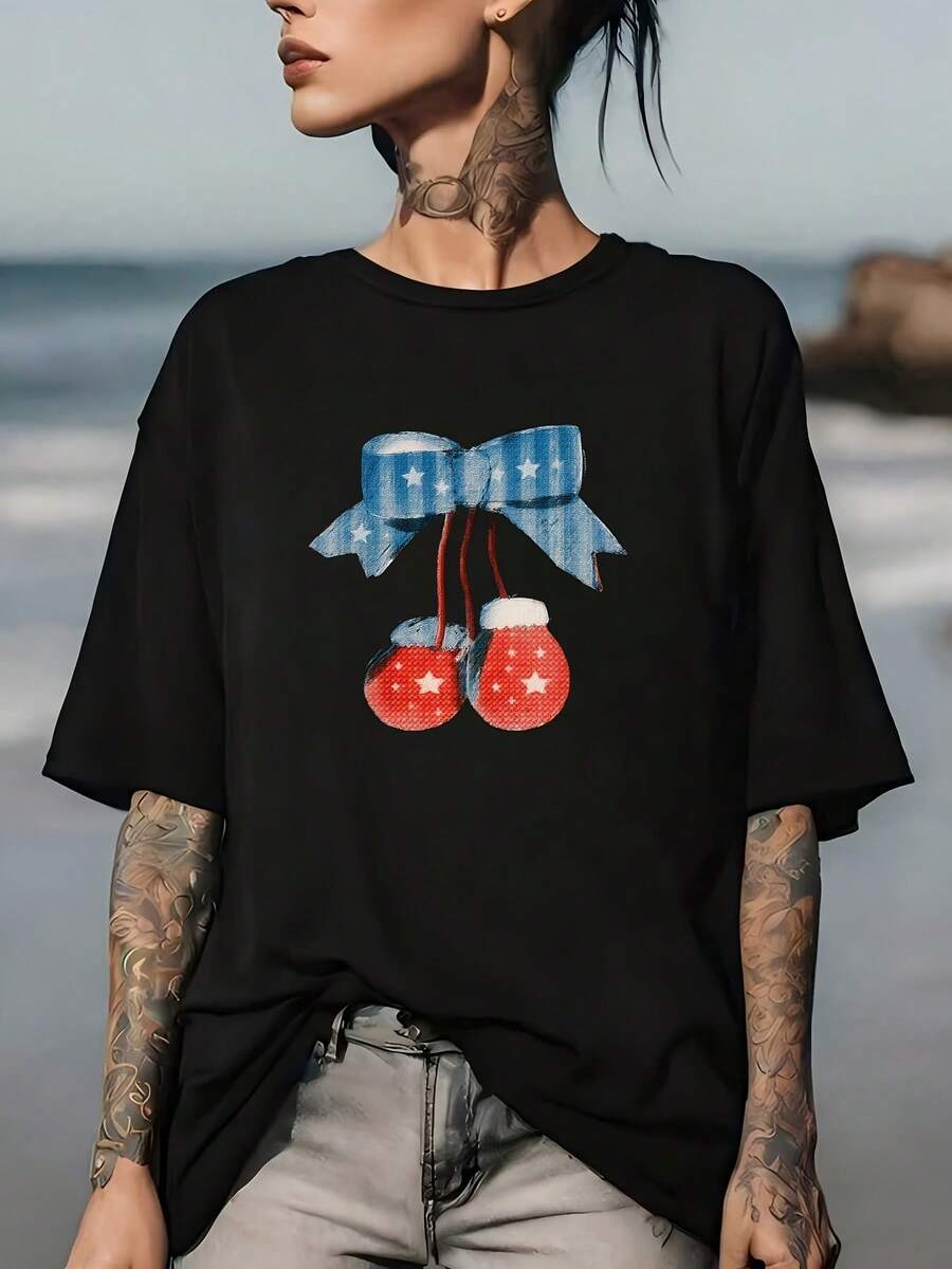 Regalo para el Día de la Independencia para Mujeres - Camiseta Patriótica con Lazo de Cereza, perfecta para fiestas del 4 de julio, reuniones familiares y actividades de team building en la empresa. Camiseta de manga corta cómoda y versátil. - Negro - Ver 1