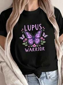 Purple Butterfly Print T-Shirt With Floral Elements, Short Sleeve, Round Neck, Casual Style For Summer And Spring, Women's Clothing Suitable As A Gift. Women's T-Shirt. Blouses>Elegant. Boho Chic, Soft, Breathable And Comfortable Women's Top, Ideal For Spring, Summer And Autumn, Perfect For Vacations, Travel And Everyday Wear. - 黑色 - 查看 7