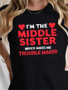 New 2026 Collection - Women's Cotton T-Shirt With Funny Second Sister Slogan - I'm The Second Sister, Which Makes Me A Troublemaker - Funny T-Shirt - Soft Everyday T-Shirt With Red Text - Casual Short Sleeve Crew Neck Top For A Sister's Birthday - Funny Gift Idea For A Second Sister - Machine Washable Spring/Summer Clothes - Black Design With White And Red Print - Loose And Comfortable Fit - Humorous Sibling Pattern - 黑色 - 查看 7
