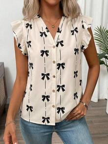 Clasi Blusa de mujer de verano con cuello en V y mangas cortas con estampado floral - Albaricoque - Ver 7