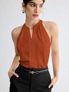 Camiseta de tirantes elegante con cuello de ojo de cerradura de unicolor, versátil para ir al trabajo, uso diario, retro romántico de los 90, adecuada para Navidad, Año Nuevo, San Valentín, fiesta, playa, graduación, moda, carnaval, vacaciones, in - Marrón - Ver 1