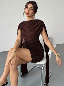 Vestido elegante y casual con cinta fluida y delgada, vestido de festival/vestidos elegantes para fiesta/atuendos de Acción de Gracias para mujeres/vestido de Año Nuevo/vestidos de invierno para mujeres/ropa de otoño/vestido de Año Nuevo/vestido de fiesta/falda negra/vestido negro - Marrón - Ver 4