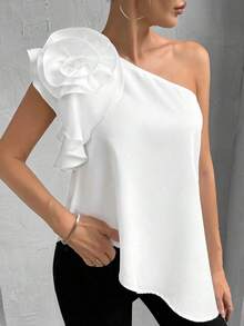 Camiseta asimétrica de verano elegante para mujer con flores 3D, sin mangas y con hombro oblicuo - Blanco - Ver 3