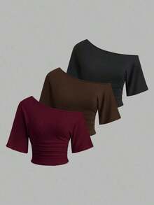 Nuevo conjunto de 3 piezas ajustado con hombros descubiertos, estilo sexy europeo y americano.Camiseta de unicolor versátil y casual para mujer, adecuada para primavera/verano, uso diario, ir al trabajo, citas - Multicolor - Ver 9