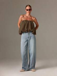 Top de camisola fruncido estilo bohemio con bajo abombado y tirantes ajustables para un estilo casual de verano - Marrón - Ver 4