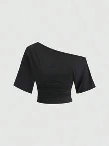 1 Set Camiseta de 3 piezas con hombros oblicuos, fruncidos y recogidos para mujer - Multicolor 2 - Ver 5
