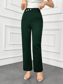 Pantalones elegantes de mujer con pierna recta, cintura suelta y detalles de botones para otoño/invierno - Verde Oscuro - Ver 4