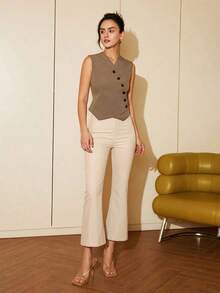 Chaleco corto de mujer de estilo casual de primavera/verano con botones diagonales, estilo de dinero viejo para negocios y ocio - Marrón Mocha 2 - Ver 6