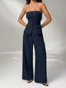 1 Conjunto de Top Camisola Ajustada de unicolor y Pantalones Elegantes para Otoño/Invierno - Azul marino - Ver 7