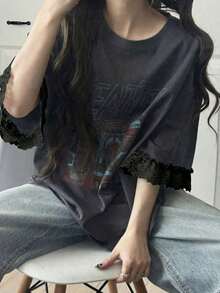 Camiseta de manga corta para mujer con ajuste holgado, estampado de letras, parches de encaje, de mezcla de algodón transpirable, versátil para primavera/verano - Gris 7 - Ver 7