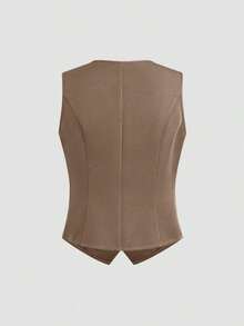 Chaleco de traje casual con cuello en V y abotonadura sencilla para mujer, de color liso - Camel - Ver 2