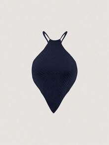 Blusa de punto de mujer de verano con cuello halter, dobladillo asimétrico y unicolor - Azul marino - Ver 5