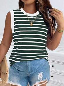 Chaleco sin mangas de mujer de talla grande, casual, de cuello redondo y con estampado de limón, de hombros anchos - Verde Oscuro - Ver 3