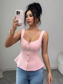 Top de tirantes anchos con cuello cuadrado, abotonado delantero, cintura plisada y ajustado para mujer, unicolor y elegante - Rosa - Ver 3