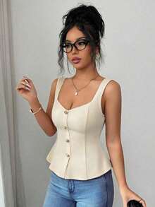 Top de tirantes anchos con cuello cuadrado, abotonado delantero, cintura plisada y ajustado para mujer, unicolor y elegante - Albaricoque - Ver 6