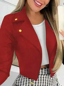 Chaqueta corta de mujer de unicolor con cuello de solapa y botones de manga larga - Rojo - Ver 3