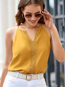 Clasi Top de tirantes con cuello en V y espalda al aire de encaje guipur contrastante - Amarillo - Ver 4