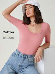 Body de mujer de unicolor, cuello redondo, manga corta, ajuste ceñido, uso diario casual - Rosa vieja - Ver 7