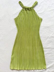 Vestido mini acanalado, de unicolor, ajustado, de cuello halter - Verde - Ver 3