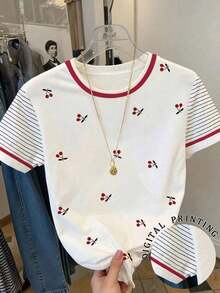 Camiseta casual para mujer, gris, nuevo diseño de verano, cuello redondo, estampado de cerezas dulces, diseño gráfico, estilo estudiantil, ajuste versátil minimalista, adecuado para uso diario, al aire libre, viajes, cómodo, esencial para mujeres - Multicolor 8 - Ver 1