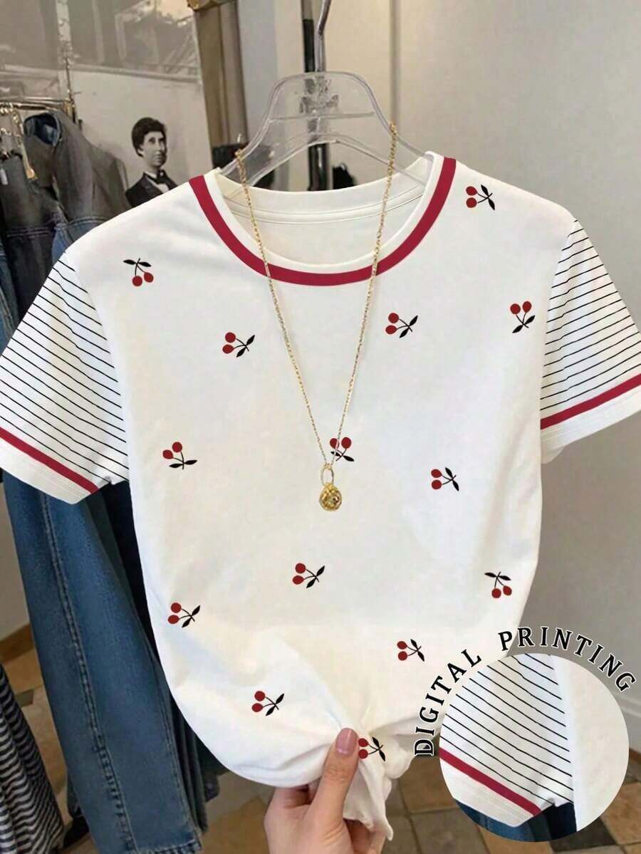 Camiseta casual para mujer, gris, nuevo diseño de verano, cuello redondo, estampado de cerezas dulces, diseño gráfico, estilo estudiantil, ajuste versátil minimalista, adecuado para uso diario, al aire libre, viajes, cómodo, esencial para mujeres - Multicolor 8 - Ver 1