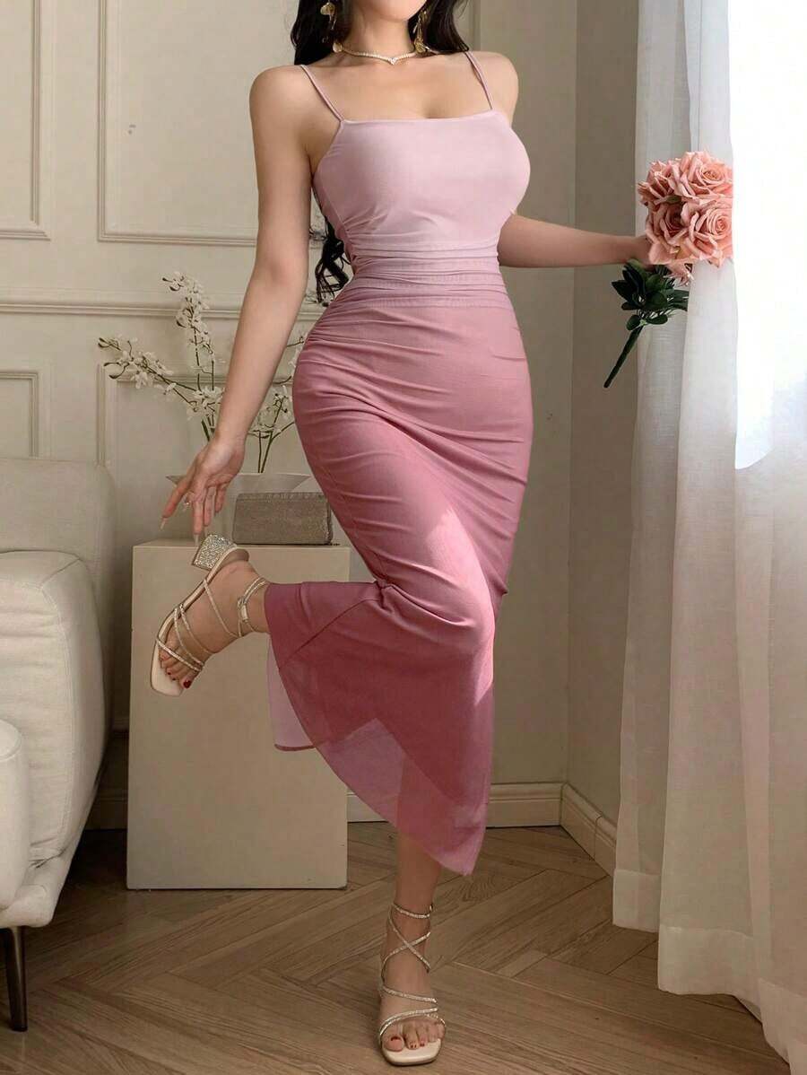 Vestido de tirantes con abertura y volantes en degradado, vestido de verano y cóctel elegante para mujer - Rojo - Ver 1
